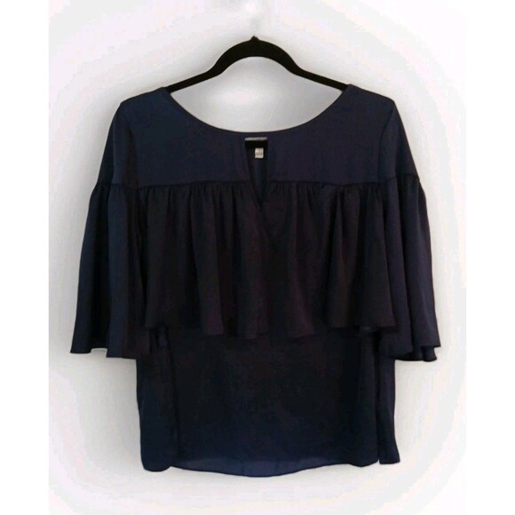 Jennifer Lopez Sheer-Ruffle Blouse -lined-3/4 Sleeve-Navy Blue-W/Large-Pullover - Picture 1 of 16
